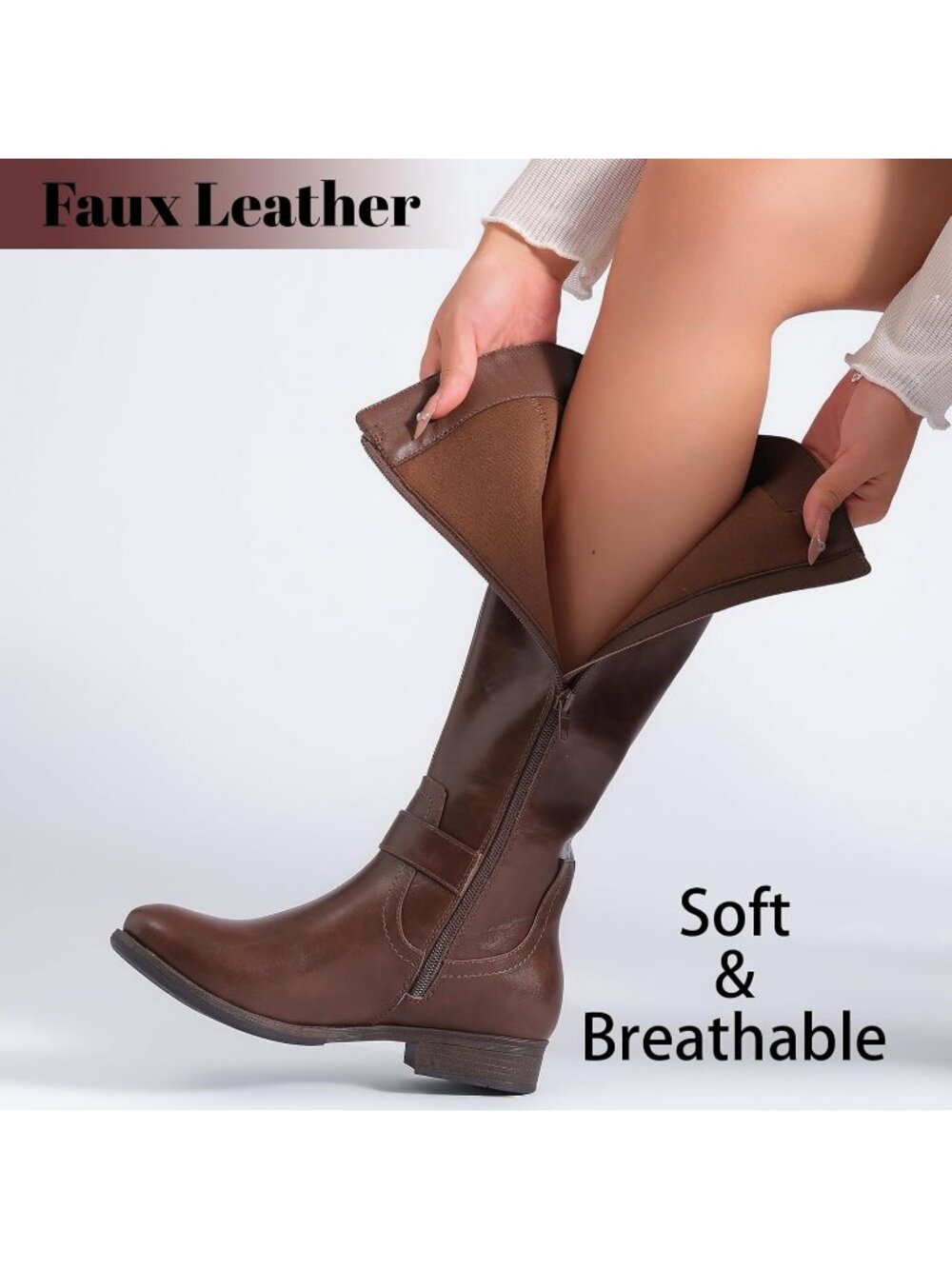 Women's Brown Leather Rubber Slouchy Knee High Comfortable Stylish Tall Boots - Picture 2 of 6